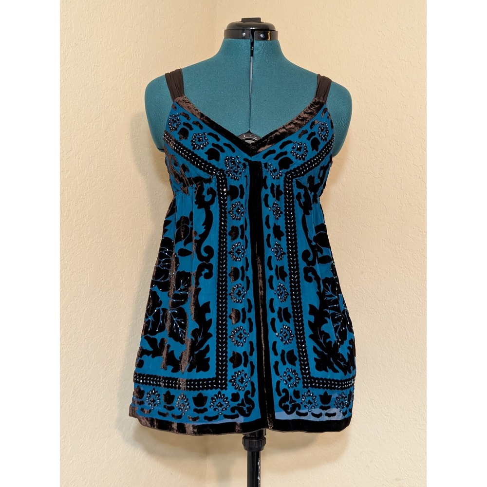 Hale Bob XS Teal Blue Brown Velvet Silk Beaded Floral Babydoll Cami Top Y2K Boho